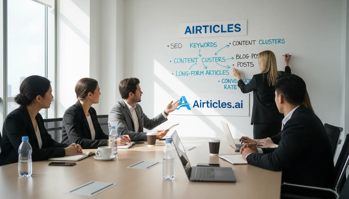 Reunião de negócios com foco em criação de conteúdo otimizado, refletindo como o uso correto de palavras como 'pode' significa sucesso.