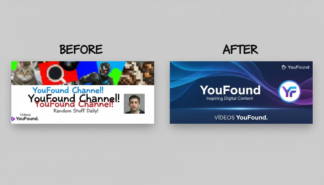 Comparativo de identidade visual de um canal do YouTube antes e depois da consultoria da YouFound, destacando o impacto da identidade visual profissional.