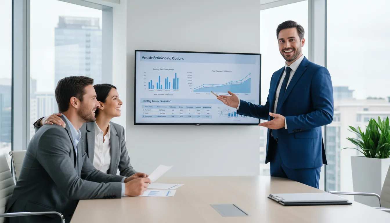 Consultor mostrando possibilidades de refinanciamento de veículo para diminuir parcelas ou obter troco