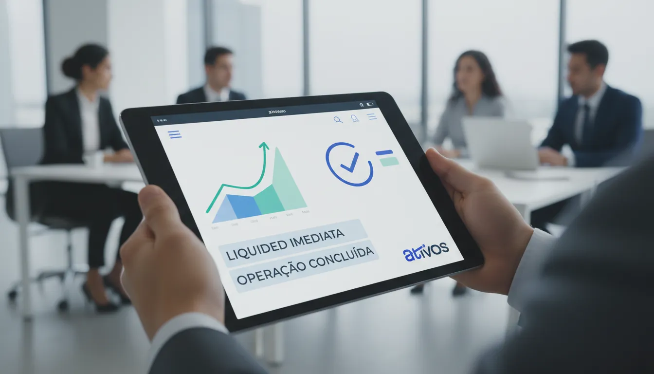 Plataforma digital moderna em tablet, mostrando liquidez imediata para quem investe em precatórios.