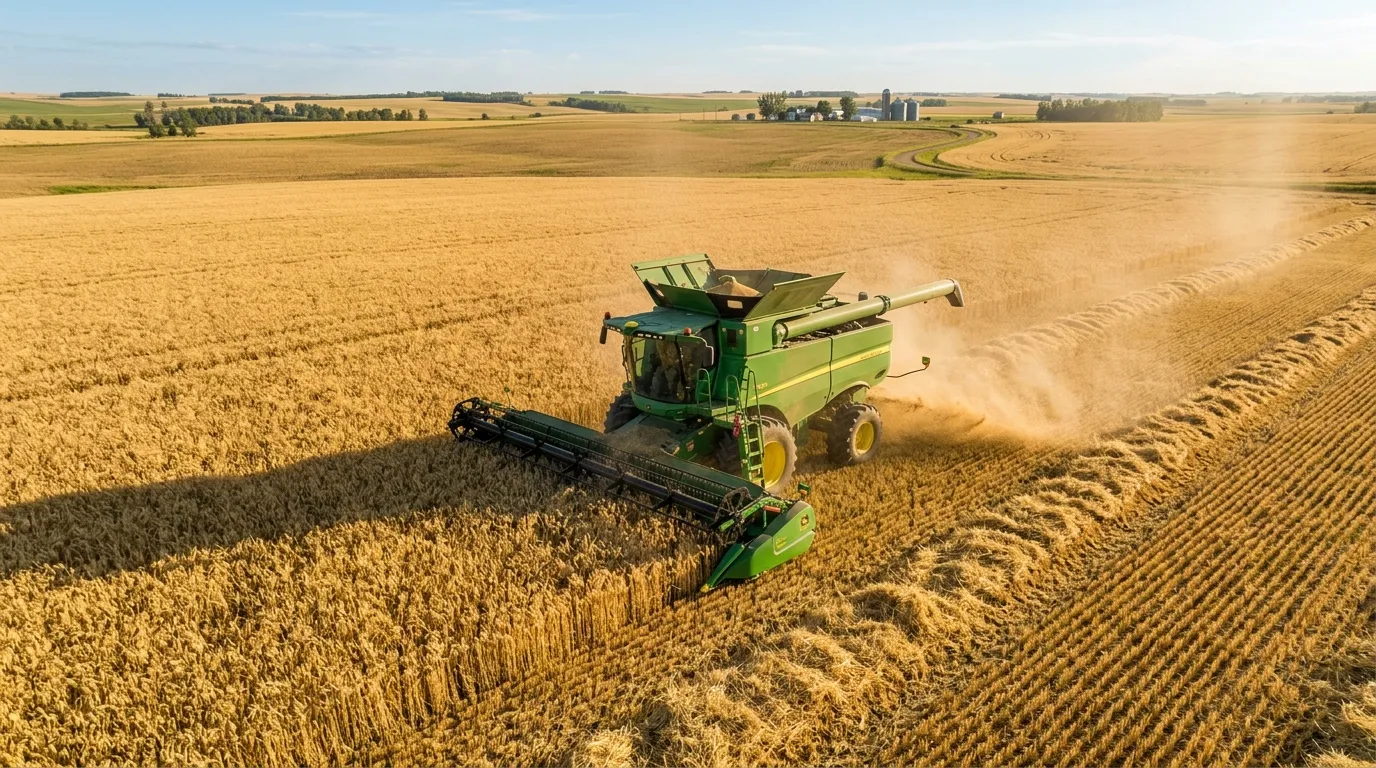 Colheitadeira moderna trabalhando no cenário agrícola de um vasto campo dourado no verão.