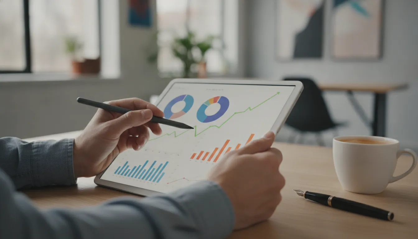 Mãos de empresário analisam finanças da empresa em tablet, com gráficos e dados, para buscar crédito.