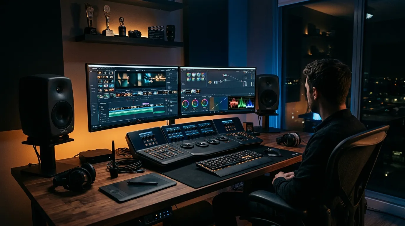 Ilha de edição profissional de produtora de vídeos em Curitiba com software de pós-produção avançado.