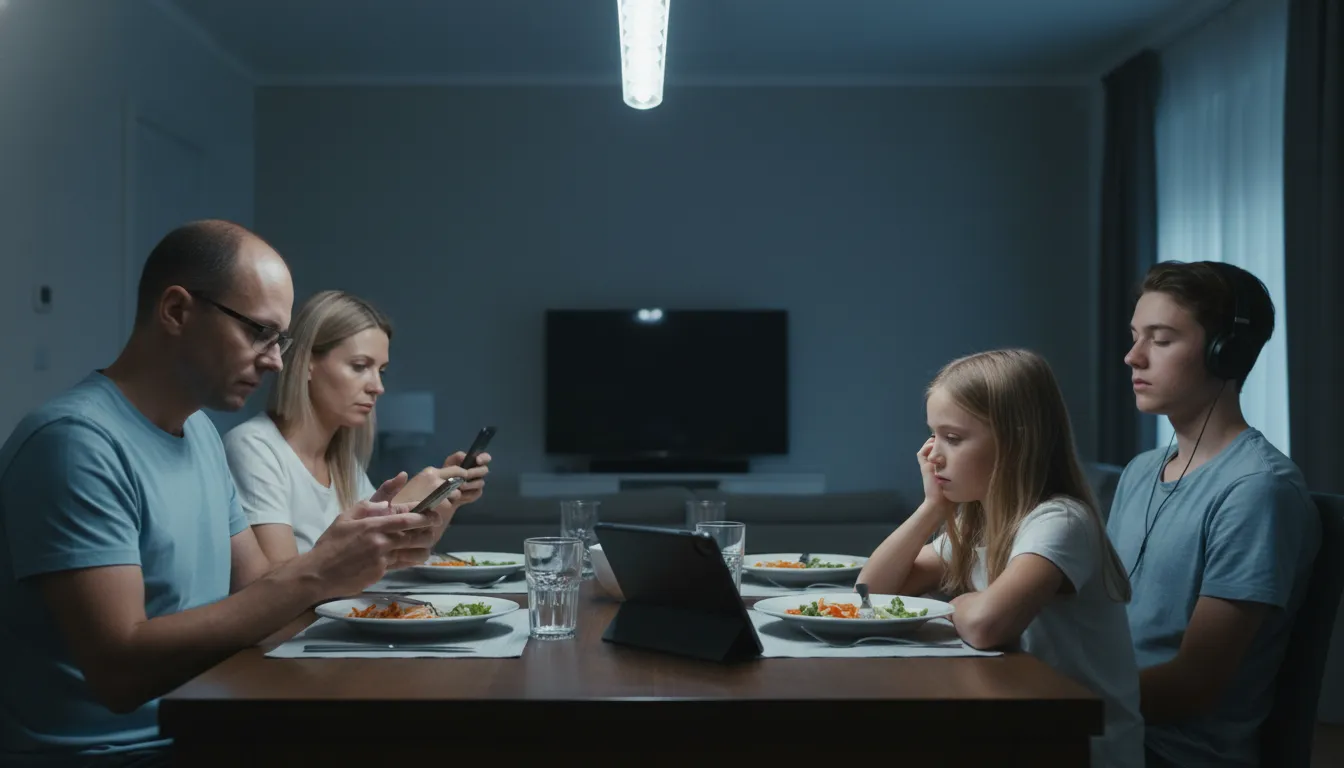 Família jantando em silêncio, pais e filhos distantes. Ninguém se comunica, todos em seus próprios mundos.