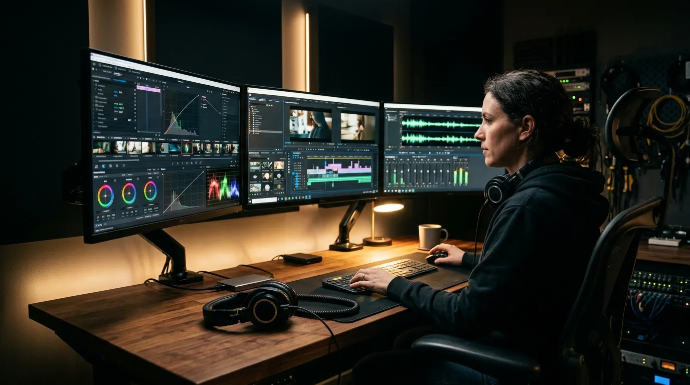 Editor trabalhando em projeto de produtora de vídeos para youtube focado em alta qualidade técnica.