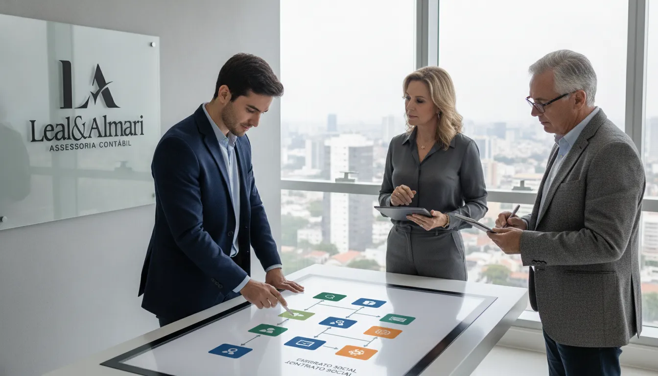 Contrato social o que é e como fazer: Equipe discute elementos e elaboração em tela interativa.