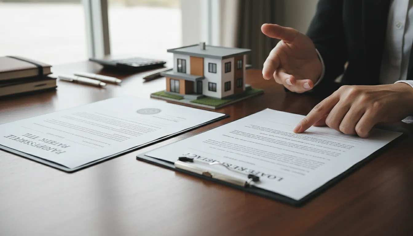 Contrato de imóvel e miniatura de casa em negociação de garantia para Home Equity.