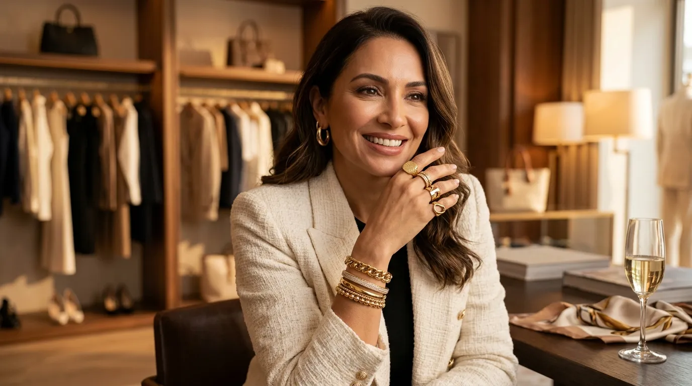 Acessórios e pulseiras de ouro em mulher elegante do grupo das 55 Hottest Women atuais.