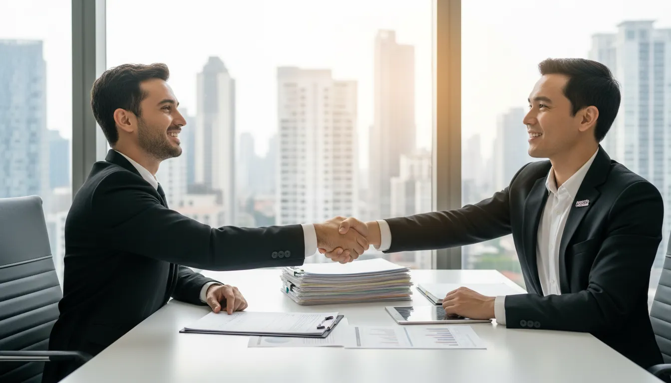A relieved entrepreneur shakes hands with a tax consultant, having successfully navigated how to appeal IRS penalties with expert help.