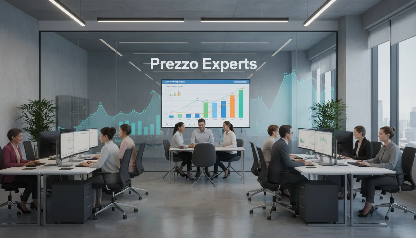 Profissionais da Prezzo Consulting trabalhando com dados financeiros sobre o custo de vida eua em um escritório moderno e bem iluminado. Foco no custo de vida eua.