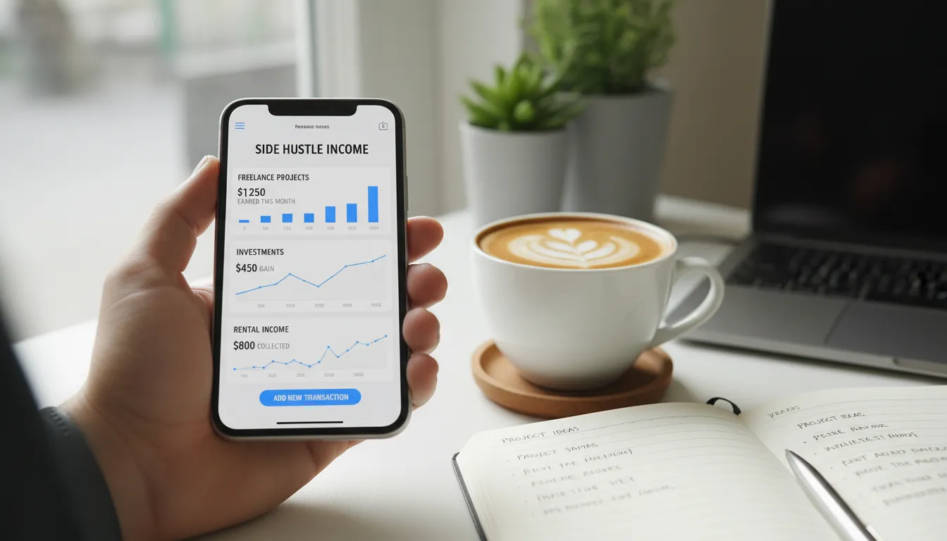 Pessoa usando aplicativo de finanças em smartphone para organizar renda extra ao lado de café e caderno