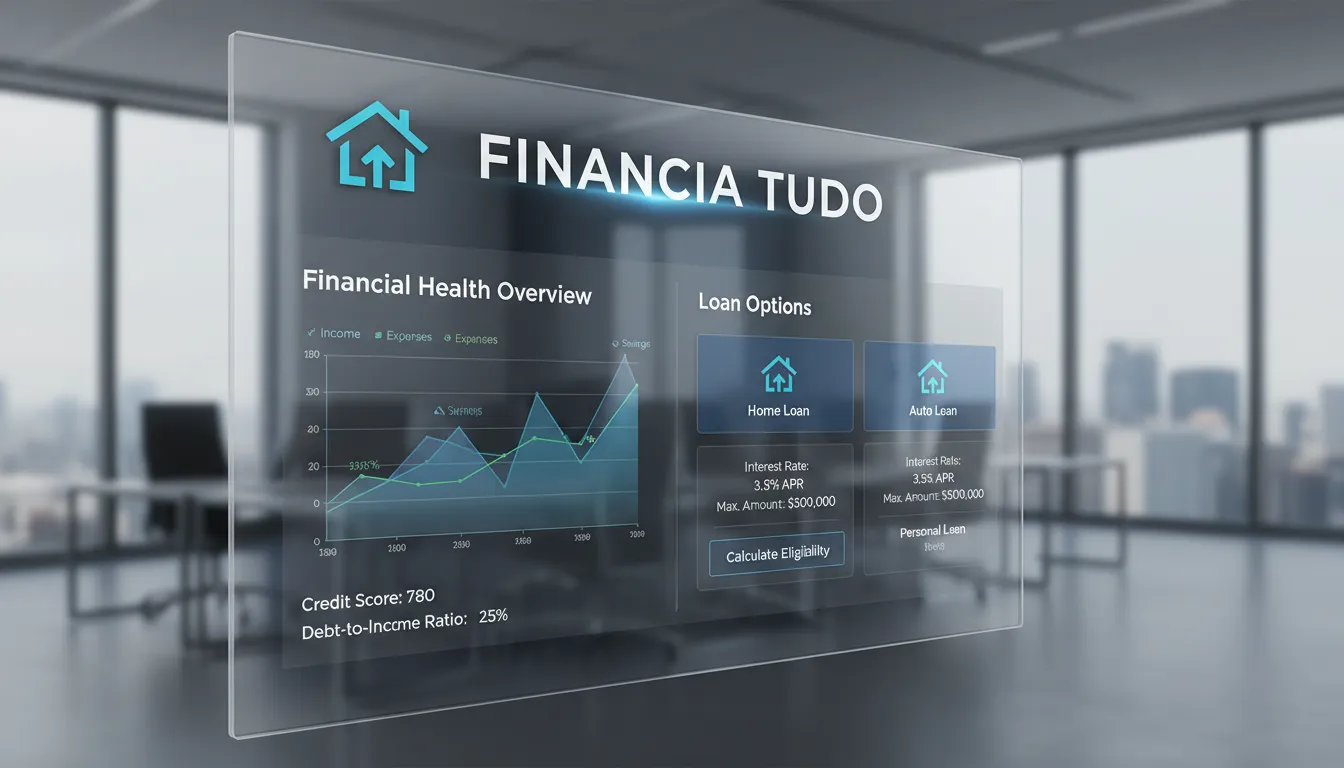 Interface digital moderna mostrando análise financeira para home equity, destacando os serviços da Financia Tudo.