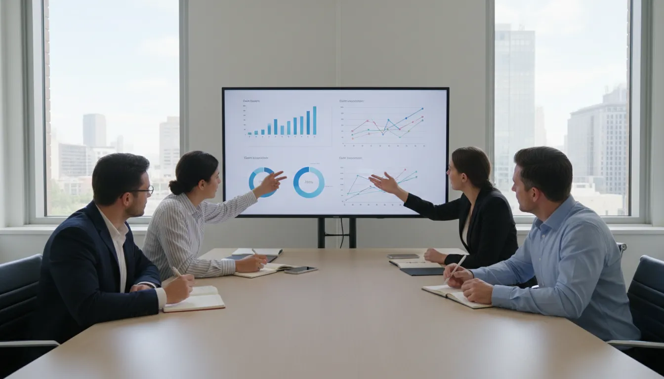 Reunião estratégica de marketing focada em KPIs de aquisição de clientes, evidenciando otimização para answer engine optimization em campanhas de tráfego.