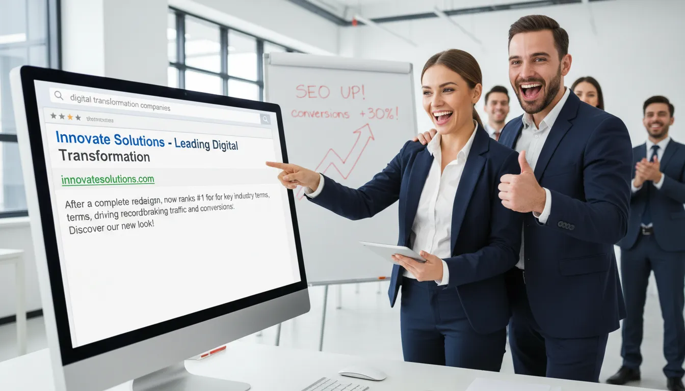 Redesign de Site em 2026: Quando e Como Fazer 3 Profissionais comemoram site redesenhado alcançando melhor posição no Google e resultados positivos de SEO