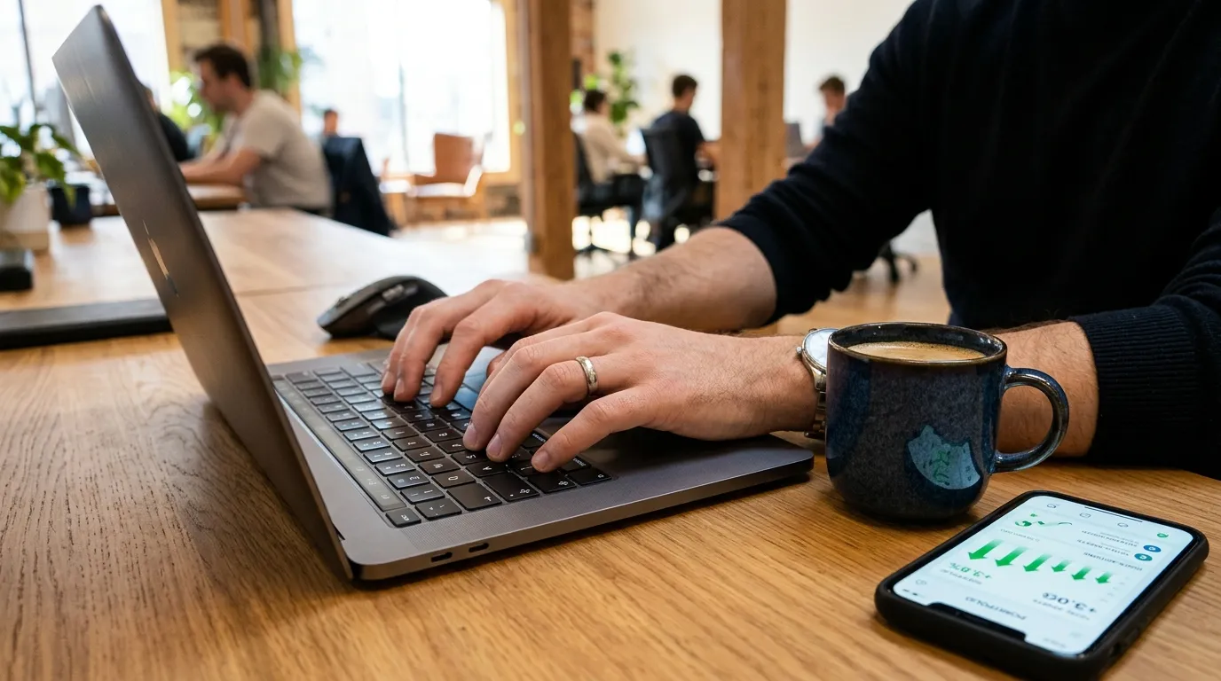 Profissional trabalha no computador para ganhar dinheiro com indicação de clientes através de plataforma digital.