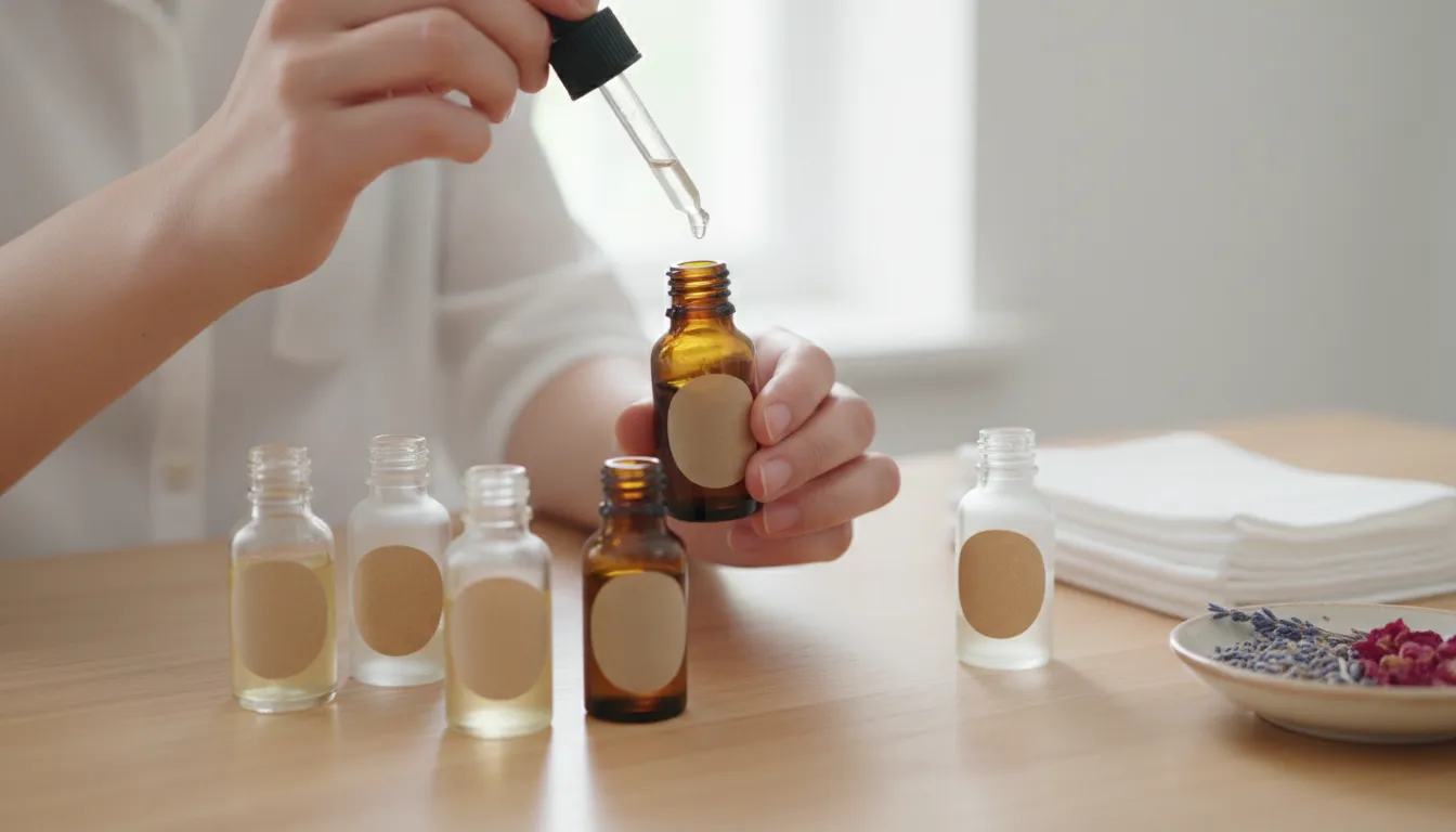 Preparo de blend de aromaterapia com óleos essenciais, medindo cuidadosamente para tratamento da ansiedade.