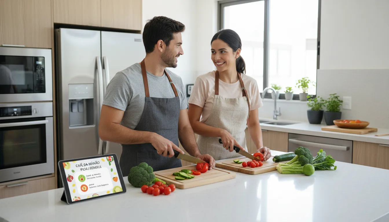 Casal preparando comida saudável seguindo dieta personalizada de nutricionista online.