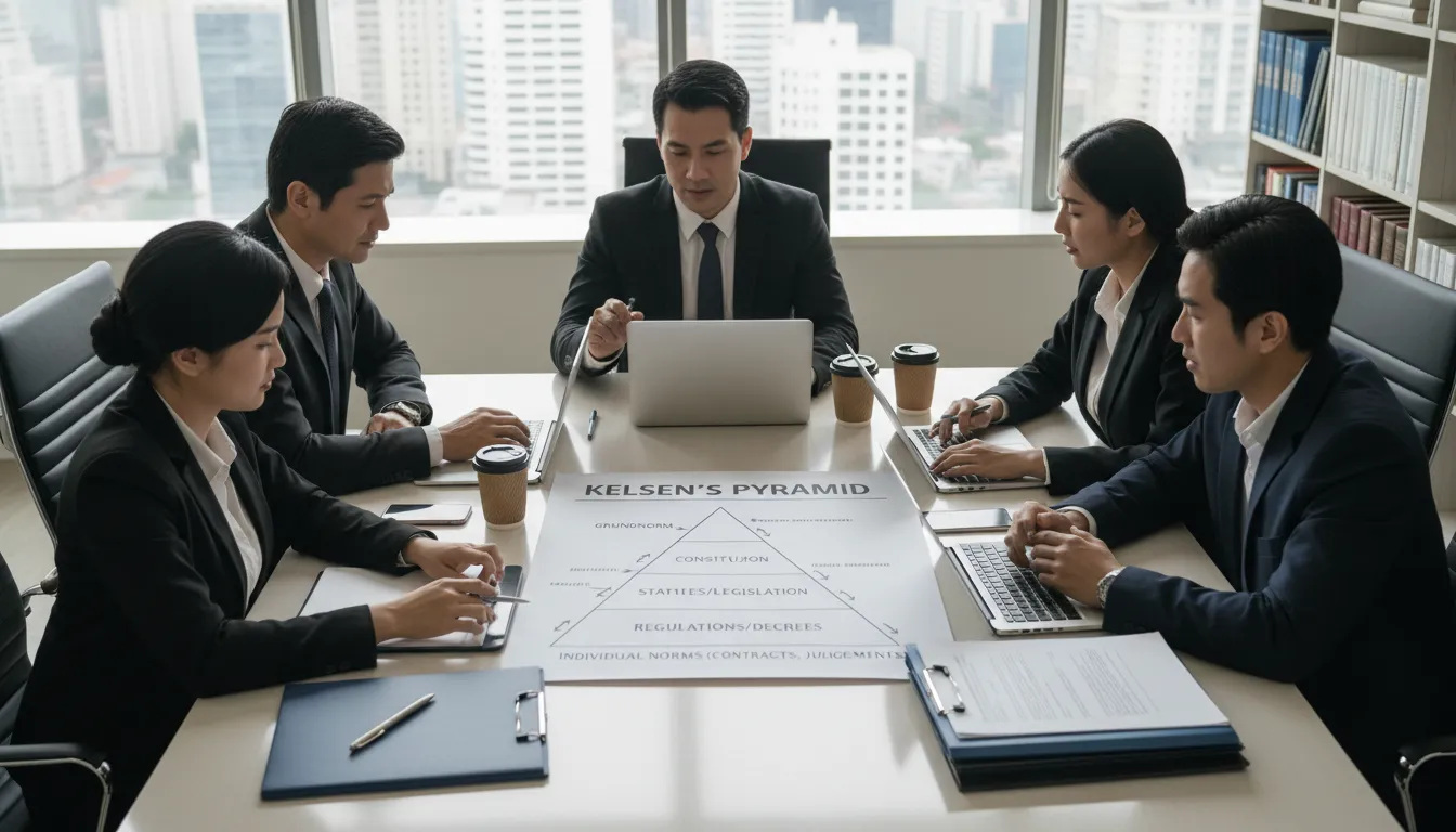 Equipe analisando a Pirâmide de Kelsen em diagrama impresso junto a dispositivos digitais