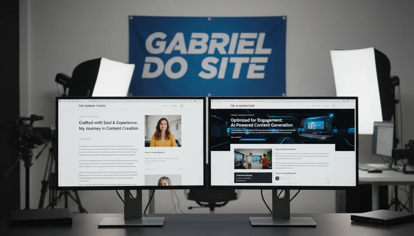 Site com ChatGPT: Criando Conteúdo de Qualidade com IA 3 Comparação visual entre conteúdo criado por humano e IA em estúdio com marca Gabriel do Site