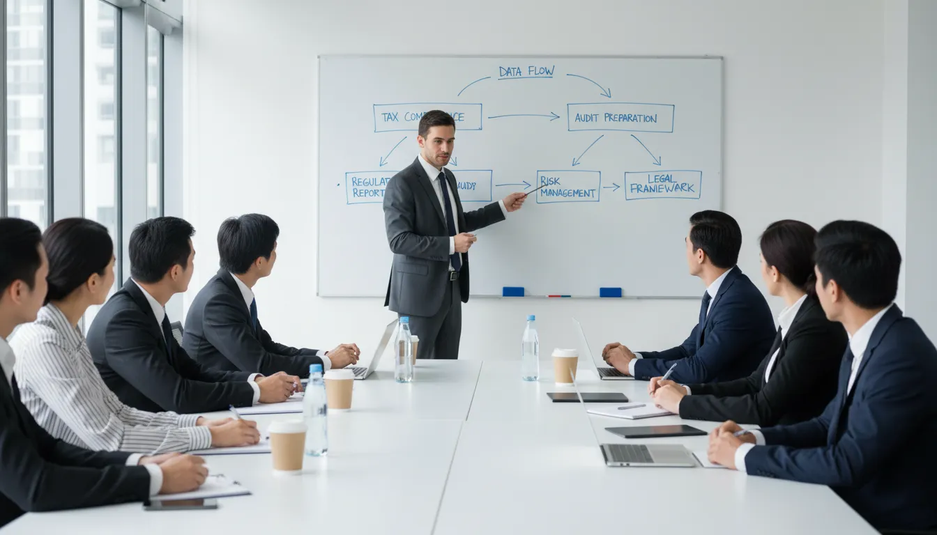 Equipe de contabilidade em treinamento sobre compliance fiscal em sala de reunião