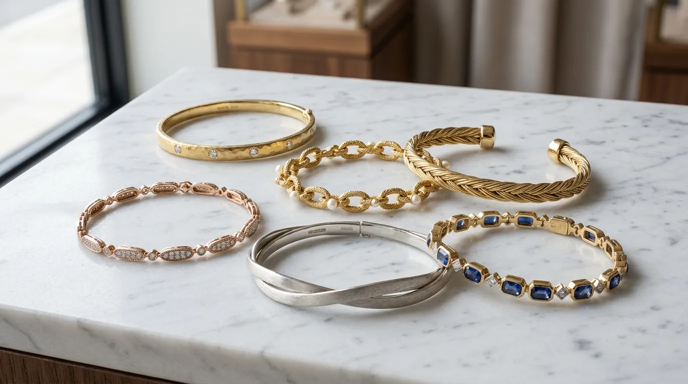 Arranjo elegante de diversas pulseiras femininas de luxo sobre uma superficie de marmore branco.