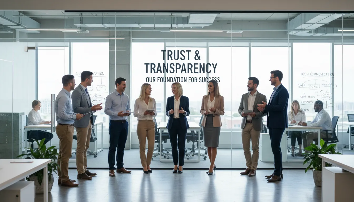 Grupo diverso em corporação transmitindo confiança e ambiente seguro que valoriza transparência.