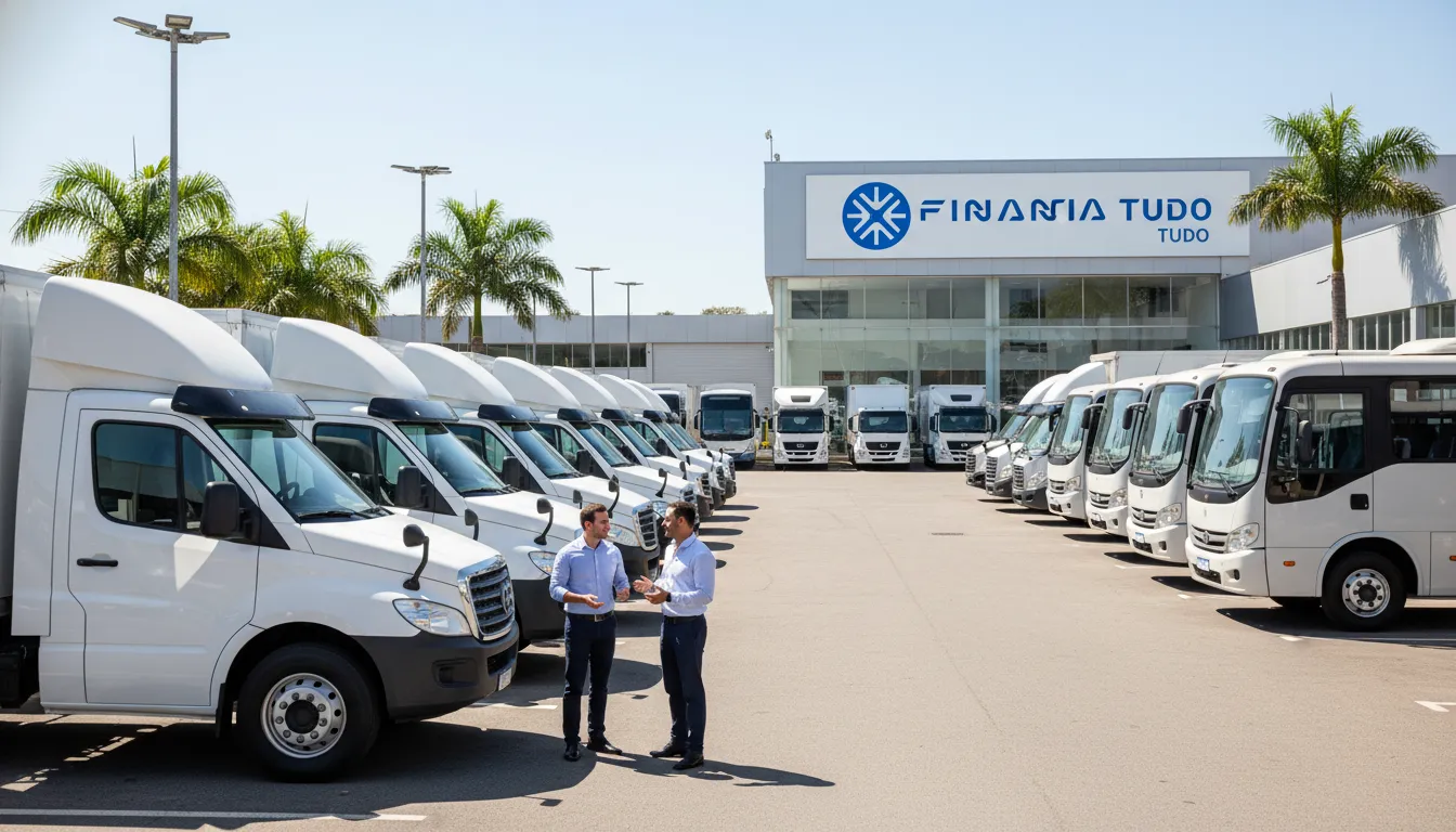 Variedade de veículos comerciais em concessionária, representando opções de financiamento de veículo para trabalho facilitadas pela Financia Tudo.