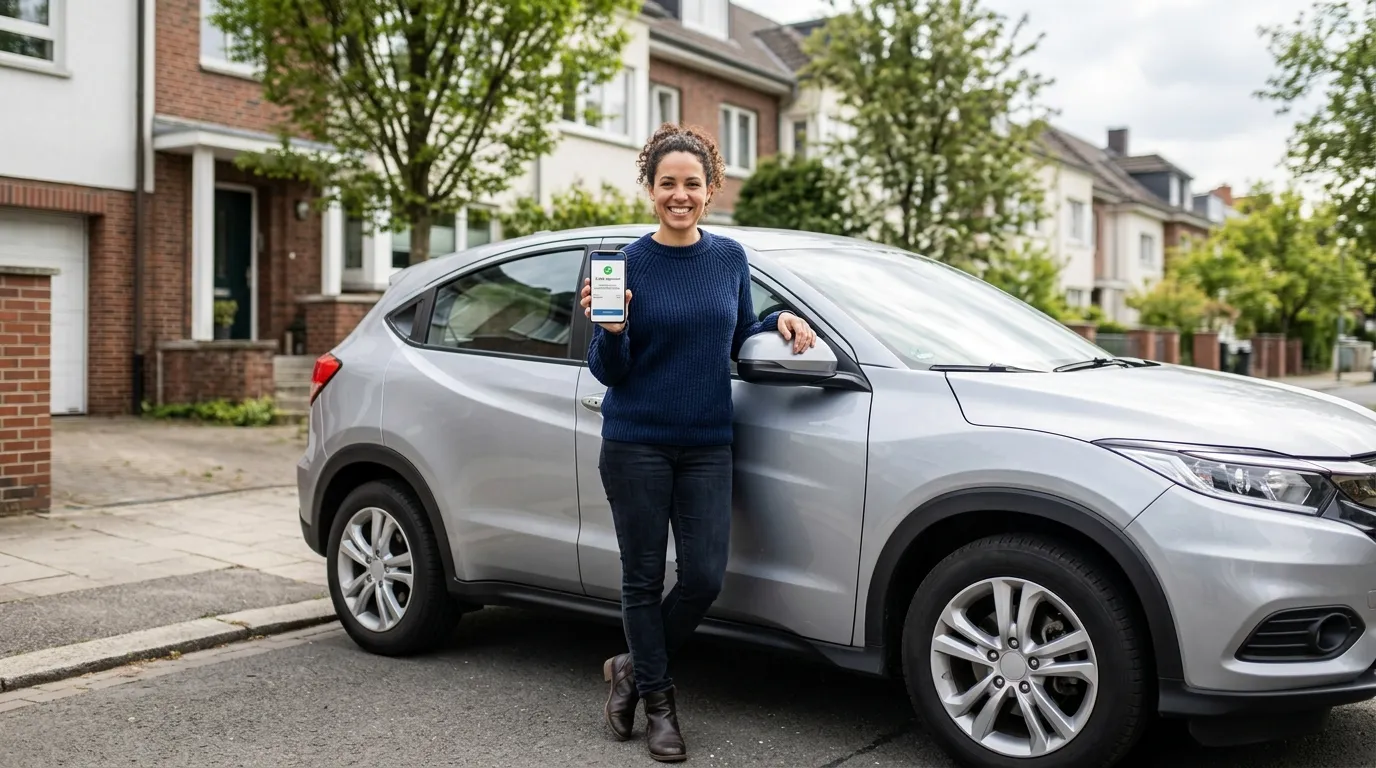 Cliente comemora aprovação ao avaliar a idade do veículo para refinanciamento auto.