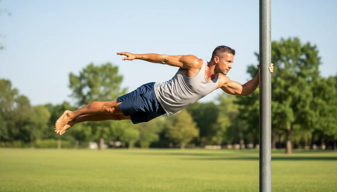 Homem forte fazendo 'human flag' em barra no parque. Um personal trainer qualificado ensinaria a técnica de calistenia.