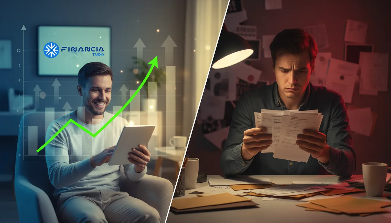 Tela dividida mostrando os benefícios de investir ou quitar dívidas primeiro, com cenários opostos.