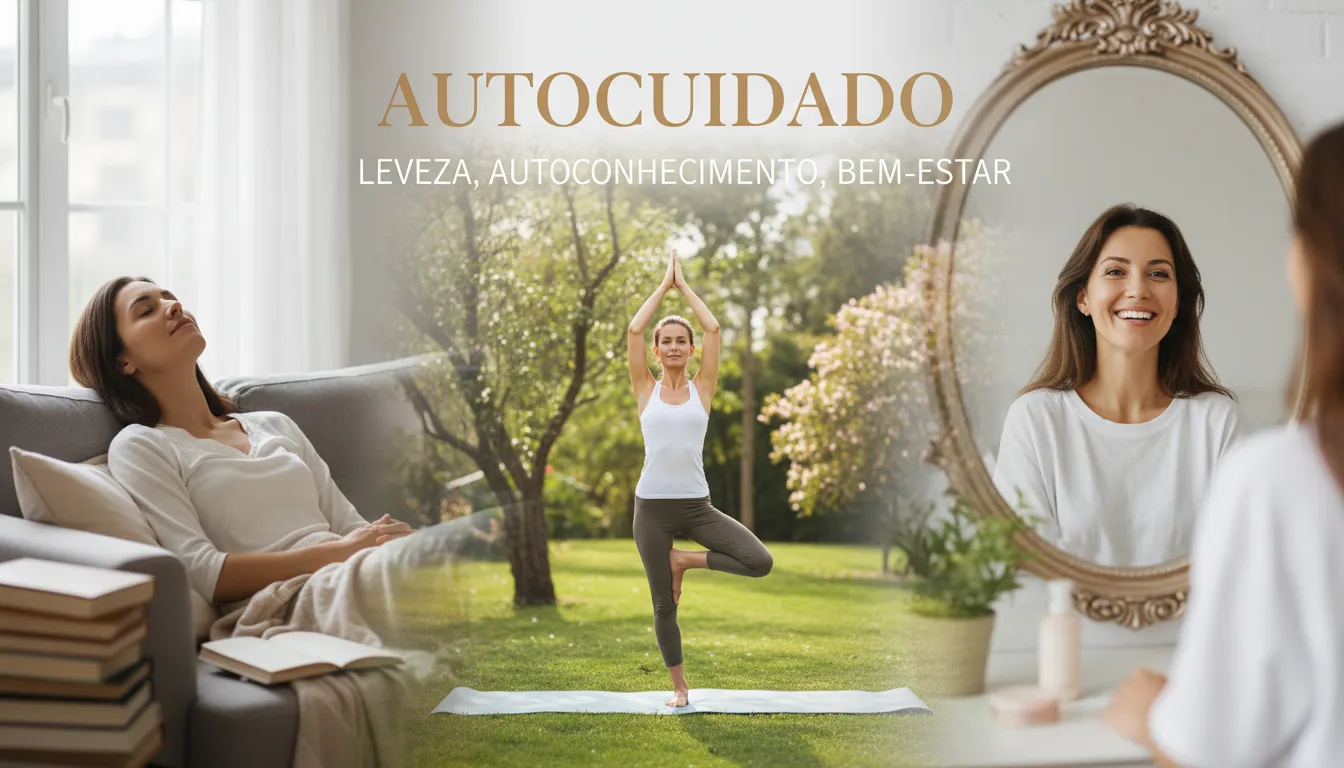 Colagem de mulheres praticando autocuidado, meditação e autoconhecimento em ambientes calmos.