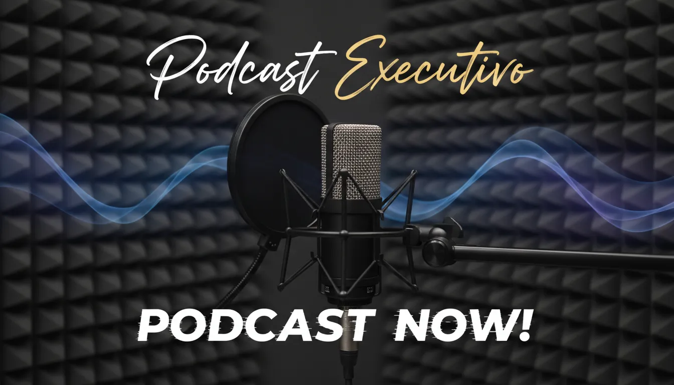 Um microfone de alta qualidade em uma cabine de gravação, com ondas sonoras ao fundo. Imagem conceitual sobre a gravação de um podcast executivo.