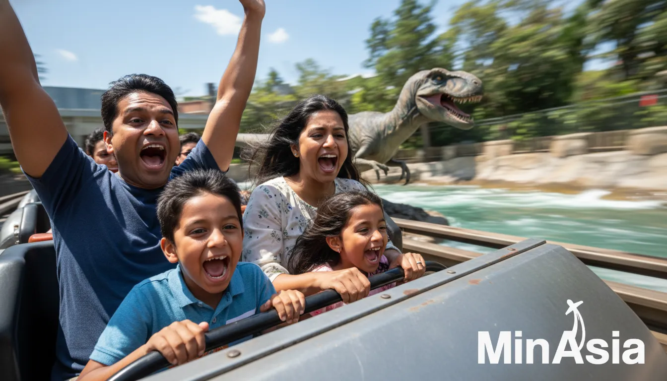Família animada em uma atração emocionante do Universal Studios Japan, com expressões de pura alegria e adrenalina.