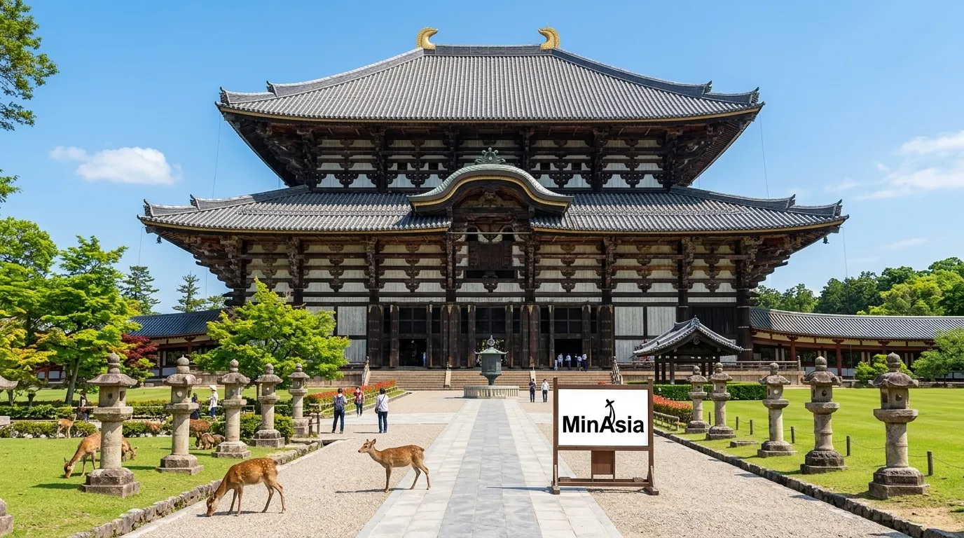 Templo Todai-ji majestoso cercado por jardins e cervos em Nara Japão em um dia ensolarado.