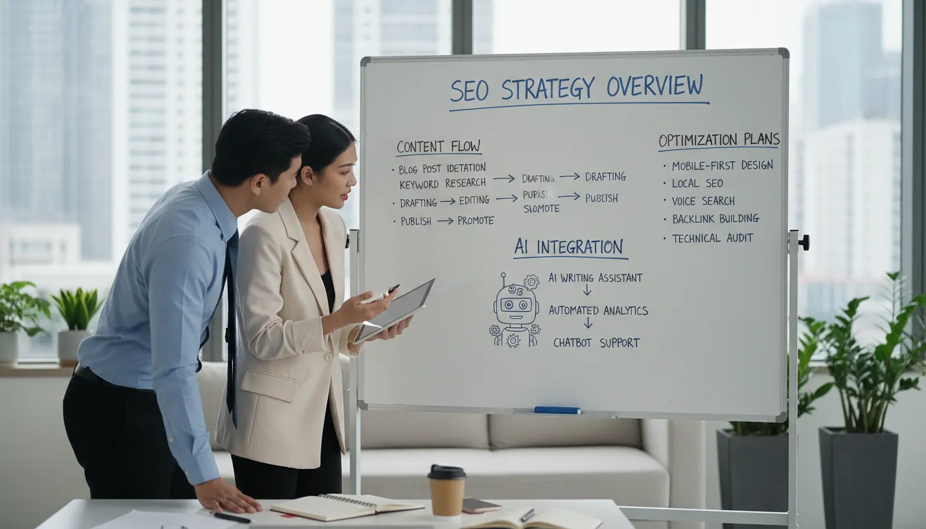 Consultor e empresário revisando estratégias com integrações de IA para otimização de SEO em quadro branco.