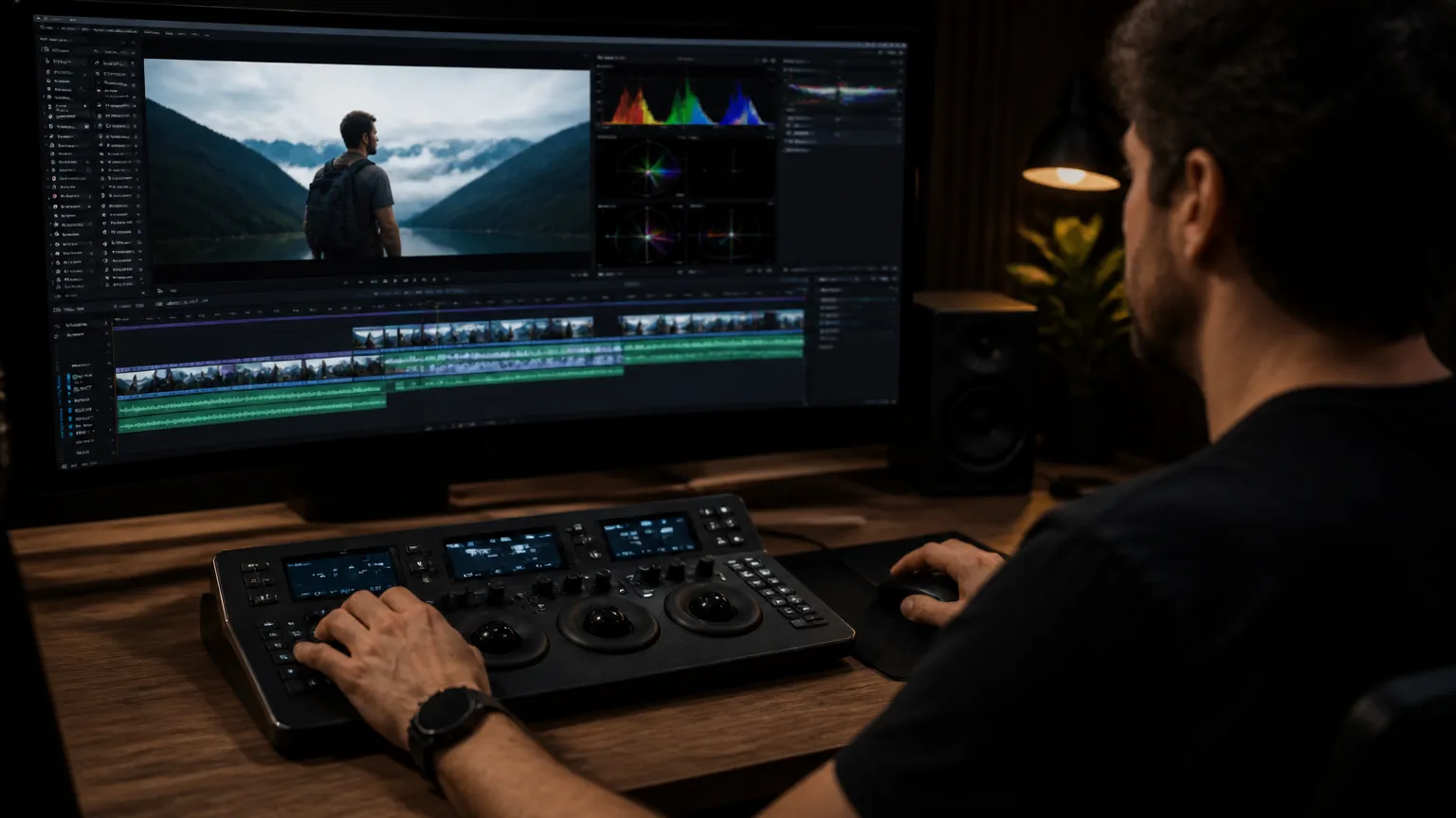Editor realizando cortes precisos na edicao de video para youtube em estudio audiovisual profissional.