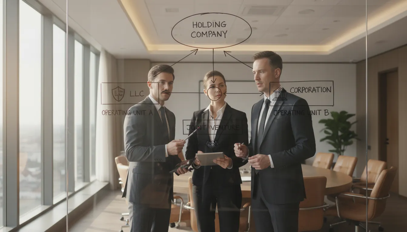 Profissionais analisando fluxograma com estruturas organizacionais LLC e Corporation em sala de reunião.