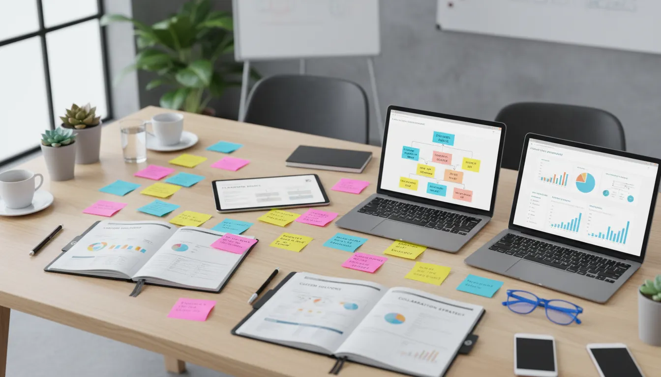 Mesa de trabalho colaborativa com anotações e dispositivos para planejamento estratégico personalizado