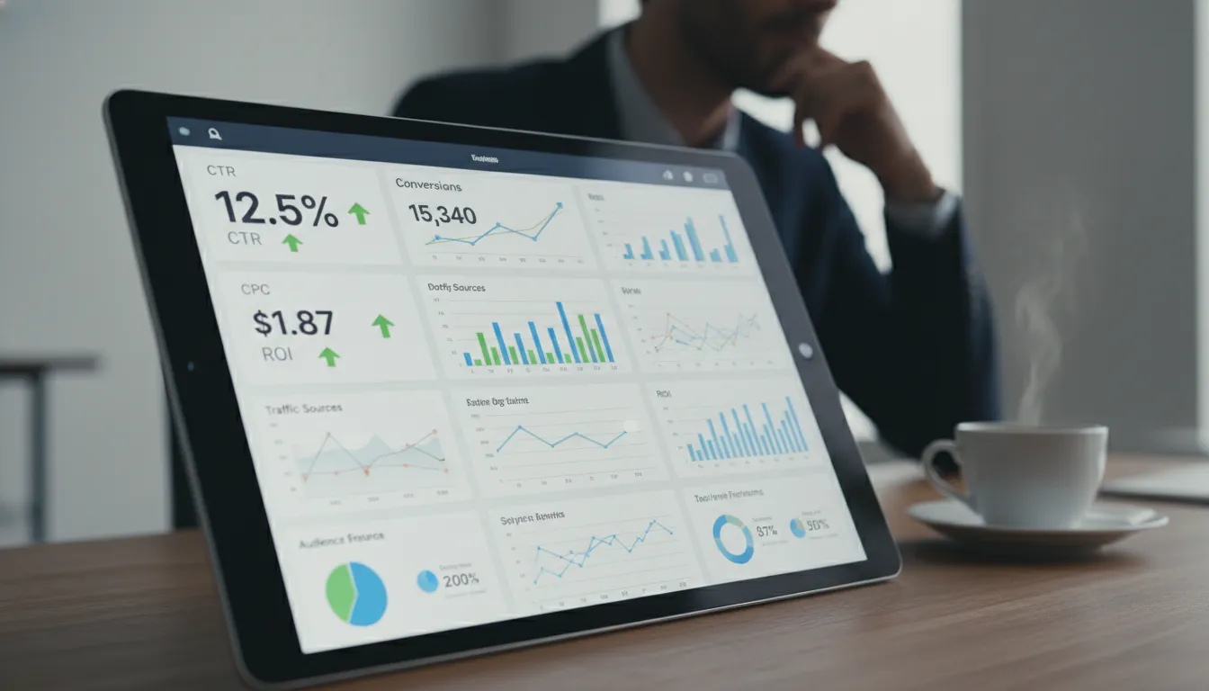 Dashboard digital exibe métricas de tráfego pago, CTR, CPC e ROI, essencial para análise de resultados.
