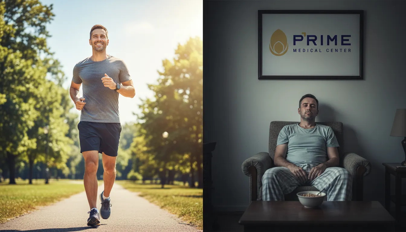 Imagem contrastante mostrando o impacto da falta de libido masculina na energia e vitalidade de um homem, comparando um estilo de vida ativo e saudável com um sedentário.