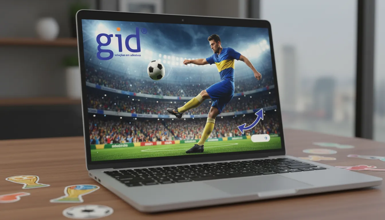 Anúncio digital da copa do mundo marketing em laptop com adesivos GID, mostrando jogador de futebol e chamada para personalização.
