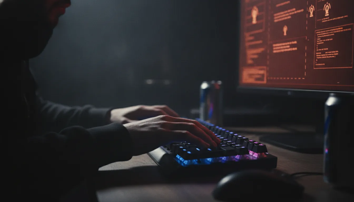 Mãos de hacker digitando código malicioso em teclado iluminado, simbolizando ameaças e ataques cibernéticos contra a cibersegurança.