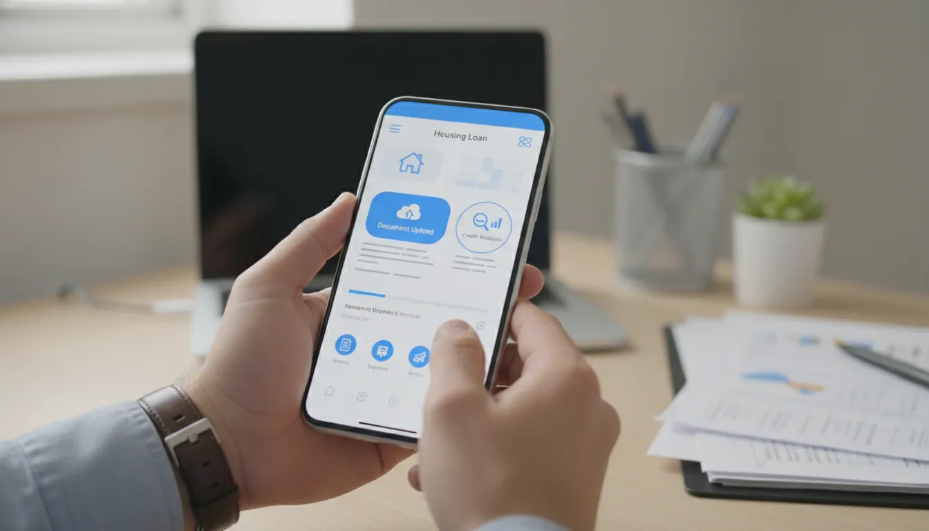 Mão segura smartphone com app financeiro, simplificando processo de financiamento imóvel autônomo.