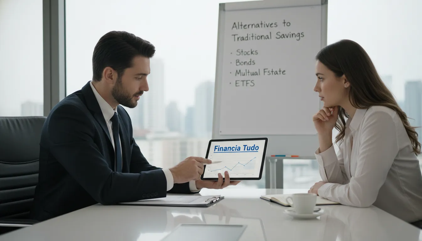 Consultor financeiro discutindo estratégias de investimento com um cliente, com