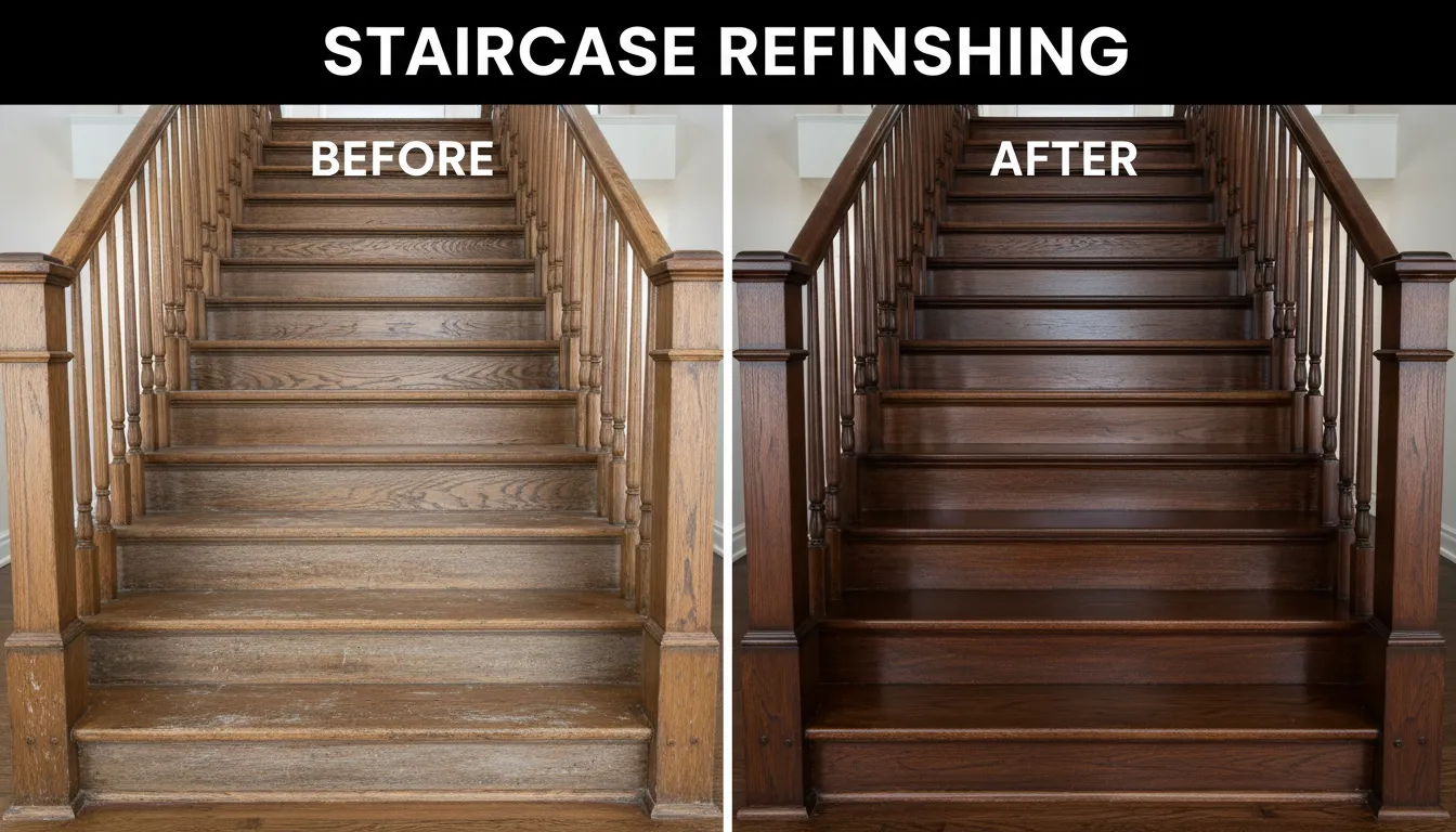 Before-and-after of a Hardwood staircase refinishing project in New Jersey, demonstrating the impact of professional restoration.
