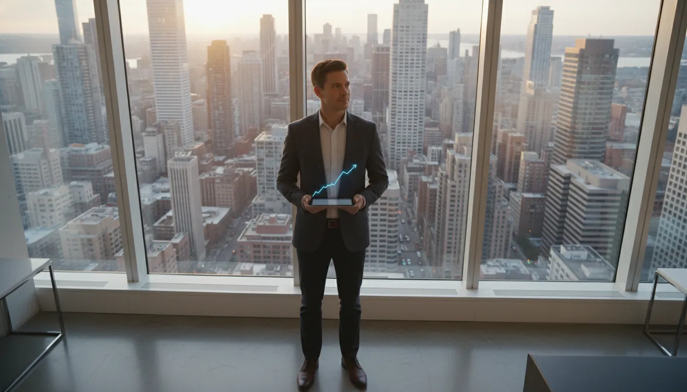 Confident Canadian business owner overlooking city, symbolizing growth. Success from proper US LLC for Canadians tax advice.