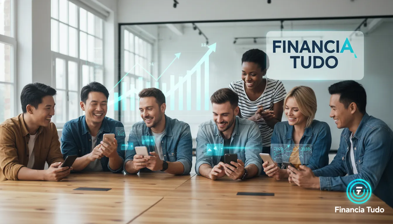 Pessoas diversas usando aplicativos financeiros, mostrando as vantagens das fintechs, em um ambiente moderno, com o apoio da Financia Tudo.