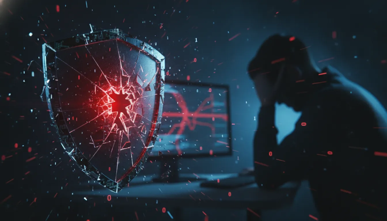 Escudo digital quebrado e dados vazando, ilustrando a vulnerabilidade de dados sensíveis LGPD em um ataque.