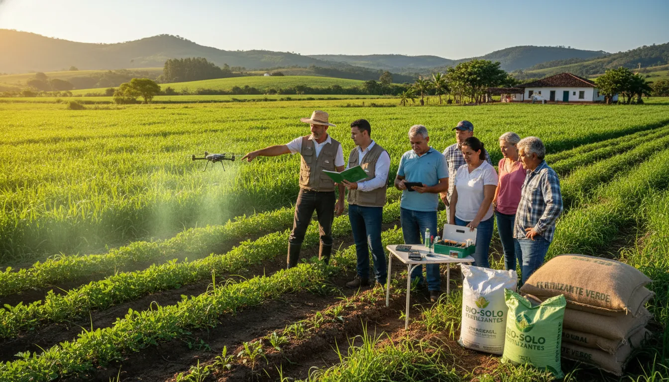 Agricultores e especialistas em ambiente rural analisando e testando fertilizante verde em campo.