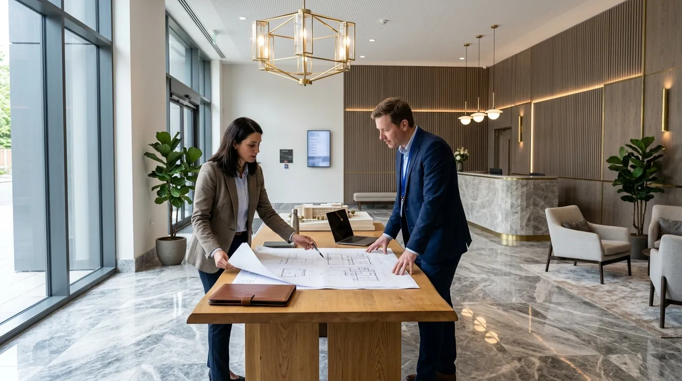 Lobby elegante renovado através de empréstimo para reforma de condomínio valorizando o imóvel.